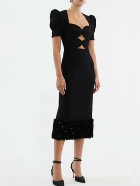 Rebeca Vallance Black Cutout Midi Dress with Puff Sleeves - Size 12 AU 8 US